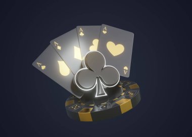 Kart simgesi, kulüp sembolü, iskambil sembolü, poker fişi, zarlar ve koyu arkaplanda altın metal olan as. Kumarhane oyunu konsepti. 3d görüntüleme, 3d illüstrasyon