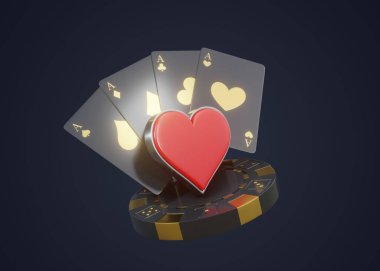 Kart simgesi, kupa sembolü, iskambil sembolü, poker fişi, zarlar ve koyu arkaplanda altın metal olan as. Kumarhane oyunu konsepti. 3d görüntüleme, 3d illüstrasyon