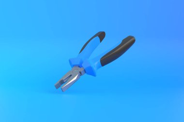 Fotokopi alanı olan mavi bir arka planda pense. Asgari yaratıcı konsept. 3d resimleme