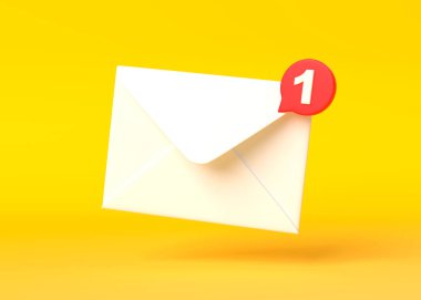 Sarı arka planda kırmızı işaret mesajı olan beyaz posta zarfı. Zarf yere düşüyordu. E- posta bildirimi. Minimum tasarım. 3B görüntüleme, 3B resimleme