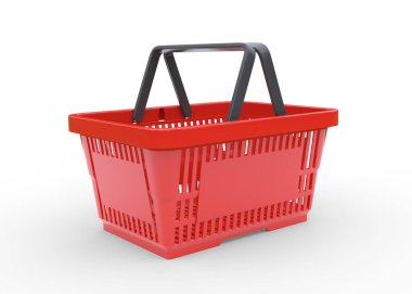 Beyaz arka planda izole edilmiş kırmızı boş alışveriş sepeti. 3d resimleme