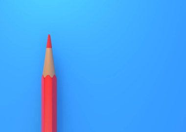 Kırmızı kalemin parlak mavi kağıda izole edilmiş makro fotoğrafını üst görünüm olarak kopyalayan minimalist şablon. Yaratıcı bir kavram. 3d resimleme
