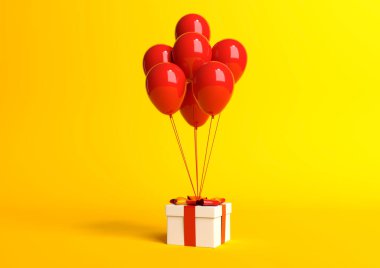 Kırmızı kurdeleli beyaz hediye kutusu ve pastel sarı arka planda balon. Minimum konsept. 3d resimleme