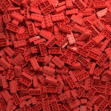 Kırmızı plastik oyuncaklar arka planda. Çocuklar için eğitici bir oyuncak. Çocuk yapı taşları yığını. 3B Resim Hazırlama