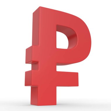 Beyaz arka planda kırmızı ruble işareti var. 3d resimleme