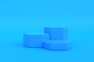 Mavi arka planda podyum. Soyut geometrik minimalizm. 3d resimleme