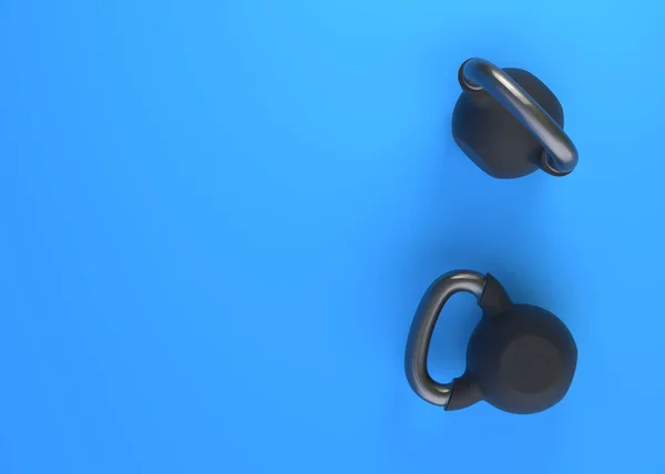 现实的黑色铁壶铃铛蓝色背景 健身房和健身器材 解决工具 运动训练和提升的概念 顶部视图 3D渲染说明 — 图库照片