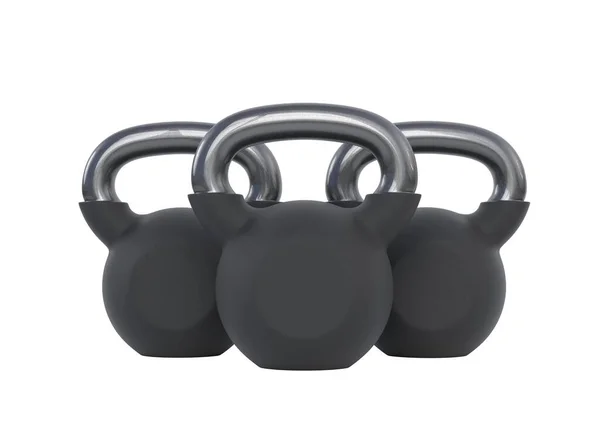 Trzy Czarne Metalowe Dzwonki Wyizolowane Białym Tle Przodu Sprzęt Fitness — Zdjęcie stockowe