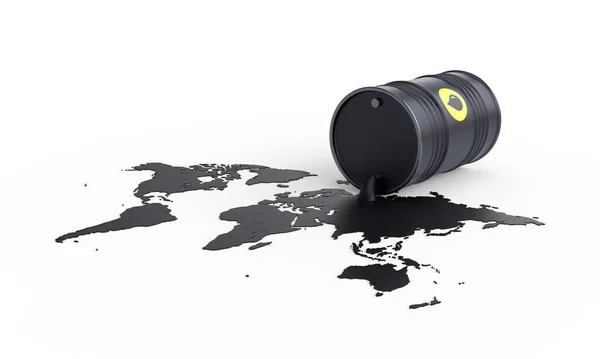 Zwarte Ton Waaruit Olie Lekt Wereldkaart Van Gemorste Olie Barrel — Stockfoto
