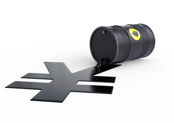 Barrel Oil Spilling Yen Sign White Background Black Barrel Which — Stock Photo, Image