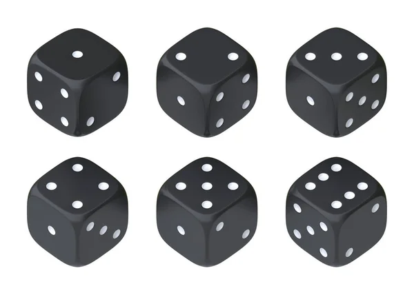 一套六枚黑色骰子 白色圆点呈半圆形 显示不同的数字 幸运骰子滚骰子棋盘游戏赌钱3D渲染说明 — 图库照片