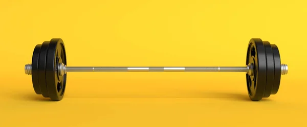 Barbell Com Placas Pretas Isoladas Fundo Amarelo Patela Vista Frontal — Fotografia de Stock