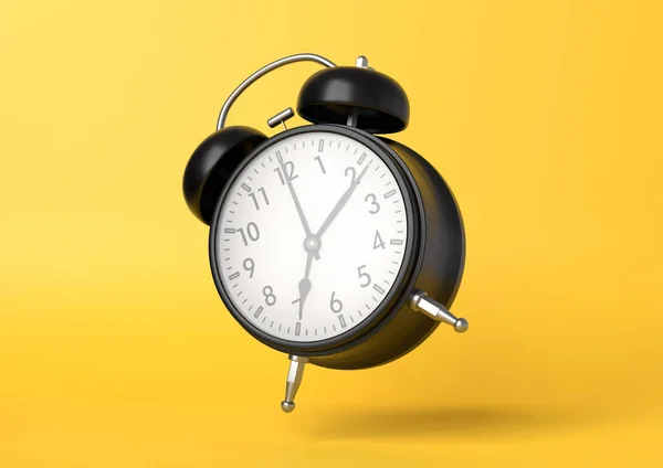 Relógio Alarme Vintage Preto Caindo Chão Com Fundo Amarelo Brilhante — Fotografia de Stock