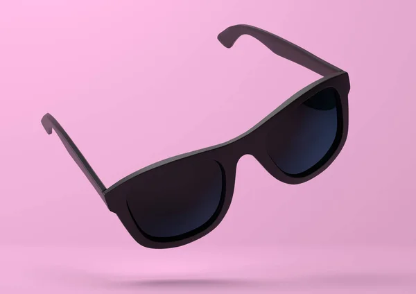 黒の夏のサングラスのパステルカラーの明るいピンクの背景に落ちている サイドビュー 創造的な最小限の概念 3Dレンダリング図 — ストック写真