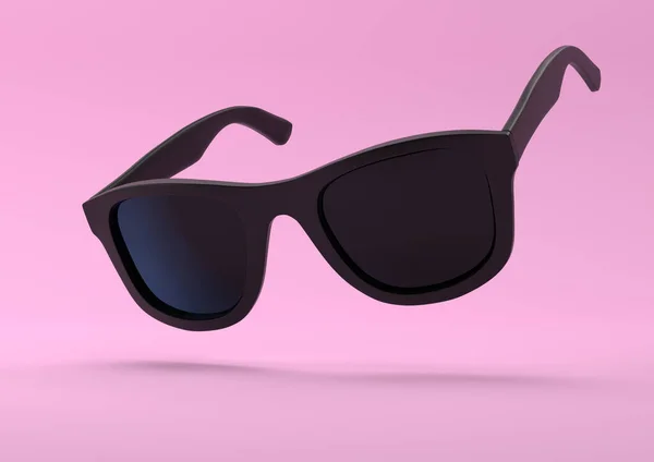 黒の夏のサングラスのパステルカラーの明るいピンクの背景に落ちている サイドビュー 創造的な最小限の概念 3Dレンダリング図 — ストック写真