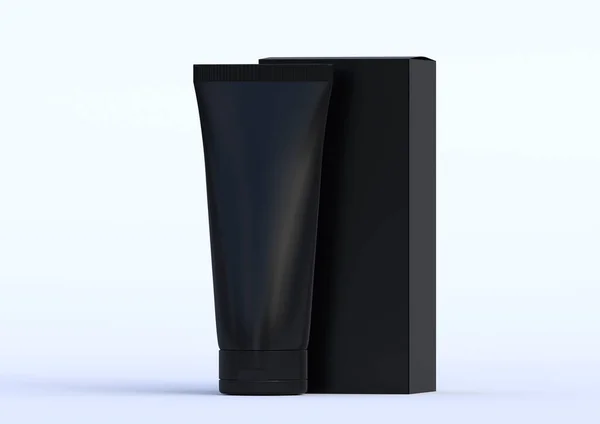 ブラックパッケージチューブとボックス 薬や化粧品クリーム スキンケア 歯磨き粉のためのクリームチューブ 白い背景にクリッピングパスでモックアップをパッケージ化 3Dレンダリング図 — ストック写真