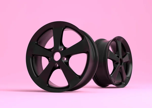 アルミニウム合金車のホイール 車のためのブラック合金リム ピンクの背景にトラック 3Dレンダリング図 — ストック写真