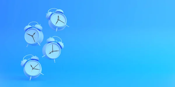 Relojes Alarma Mesa Azul Cayendo Suelo Con Fondo Azul Brillante — Foto de Stock