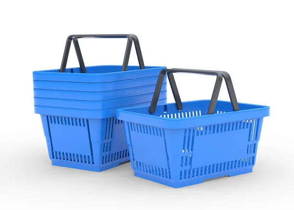 白い背景に隔離された青い空のショッピングバスケット 3Dレンダリング図 — ストック写真
