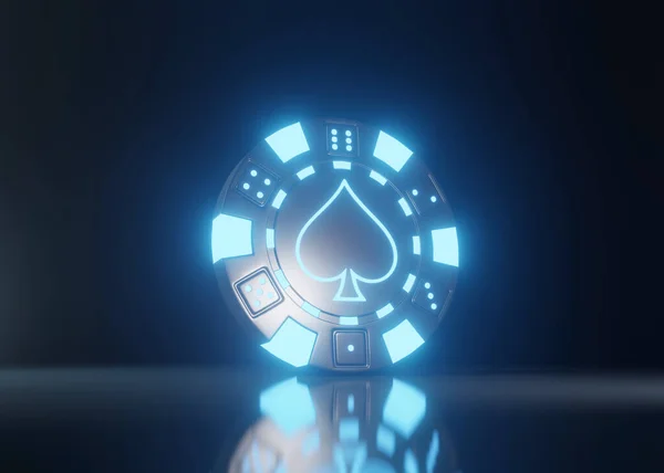 ブラックの背景に隔離された未来的な輝くネオンブルーライトとスペードシンボルを持つカジノチップ 3Dレンダリング図 — ストック写真