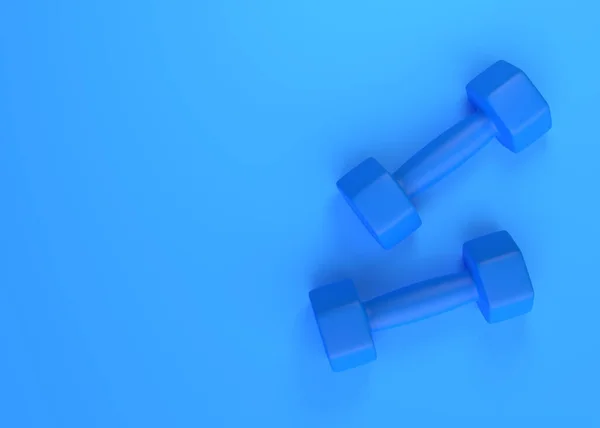 两个蓝色橡胶或塑料包裹的健身哑铃蓝色背景 运动器材 最小的创意概念 3D渲染说明 — 图库照片