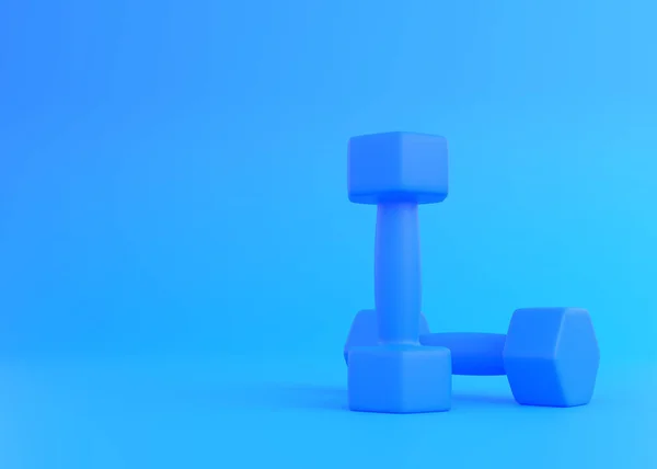 蓝色橡胶或塑料健康哑铃黄色背景 健身房和健身器材 解决工具 运动训练和提升的概念 3D渲染说明 — 图库照片