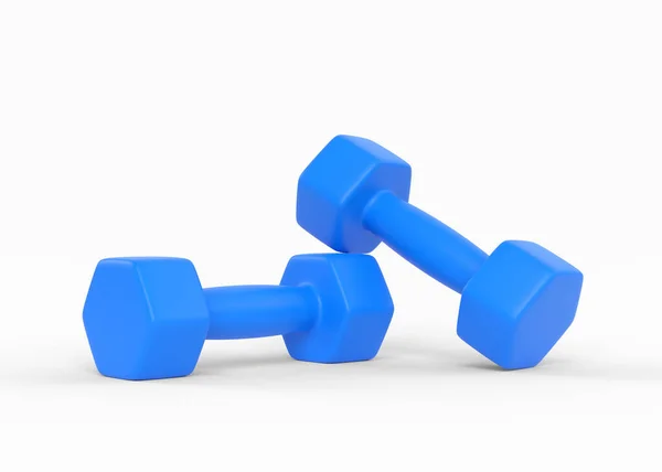 蓝色橡胶或塑料健身哑铃隔离在白色背景 健身房和健身器材 解决工具 运动训练和提升的概念 3D渲染说明 — 图库照片