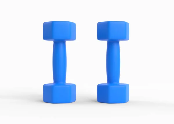 两只蓝色橡胶或塑料包裹的健身哑铃隔离在白色背景上 运动器材 3D渲染说明 — 图库照片