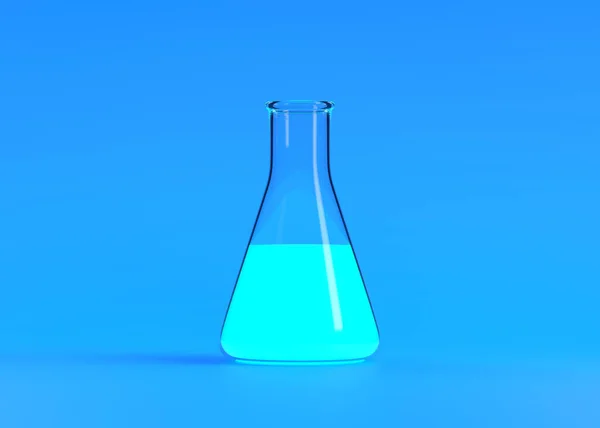 蓝底蓝色液体的艾伦迈耶烧瓶 化学瓶 实验室玻璃器皿 最小的概念 3D渲染说明 — 图库照片