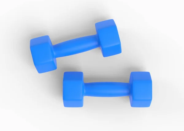 Dva Modré Fitness Činky Izolované Bílém Pozadí Horní Pohled Tělocvična — Stock fotografie