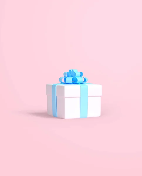 Gift Box Blue Ribbon Pastel Pink Background Copy Space Christmas — Stock Photo, Image