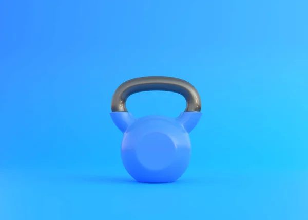 蓝色背景上的蓝色水壶铃 运动训练和举重的概念 健身房设备 解决工具 前面的景色3D渲染说明 — 图库照片