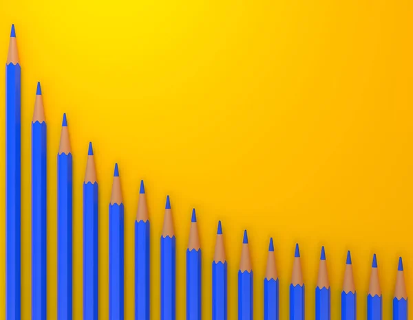 金融扩张技术图表上的蓝色铅笔 黄色背景上的波浪图案行 创意极小的想法 控制财务预算的商业概念 3D渲染说明 — 图库照片