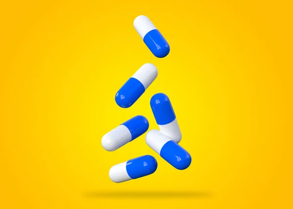 黄色の背景に青白の錠剤を落下 創造的な最小限の概念 3Dレンダリング図 — ストック写真