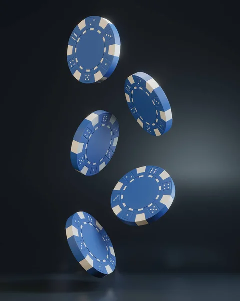 カジノのチップは黒い背景に落ちています カジノゲーム3Dチップ オンラインカジノのバナー ブルーチップだ ギャンブルの概念 3Dレンダリング図 — ストック写真