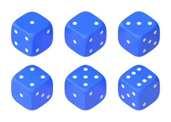 Σύνολο Έξι Μπλε Ζάρια Άσπρες Κουκίδες Κρέμονται Στη Μέση Στροφή — Φωτογραφία Αρχείου