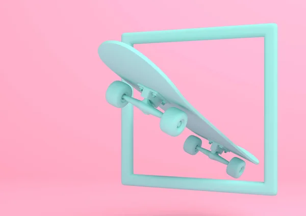 Aquamarin Skateboard Einem Rahmen Auf Leuchtend Rosa Hintergrund Pastellfarben Minimalismus — Stockfoto