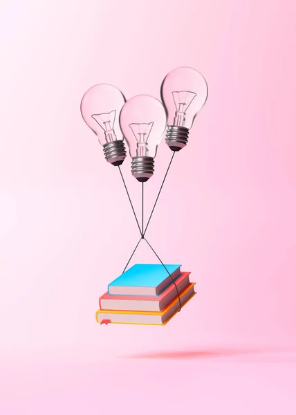 Livros Com Lâmpadas Lâmpada Voando Sobre Fundo Rosa Conceito Educação — Fotografia de Stock