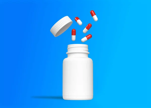 红白药丸从瓶子里飞出来 蓝色背景 有复制空间 医学概念 简约的抽象概念 3D渲染说明 — 图库照片