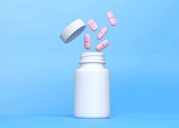 Pílulas Rosa Derramando Uma Garrafa Farmácia Branca Fundo Azul Tratamento — Fotografia de Stock