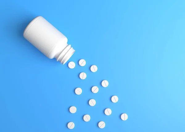 Pillole Pillole Bianche Bottiglia Sfondo Blu Con Spazio Copia Concetti — Foto Stock