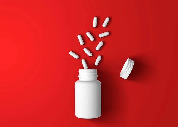 コピースペースが付いている赤い背景の白い丸薬そして丸薬ボトル 医学の概念 最小限の抽象概念 3Dレンダリング図 — ストック写真