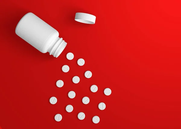 Pillole Con Una Bottiglia Farmacia Sfondo Rosso Idea Creativa Minima — Foto Stock