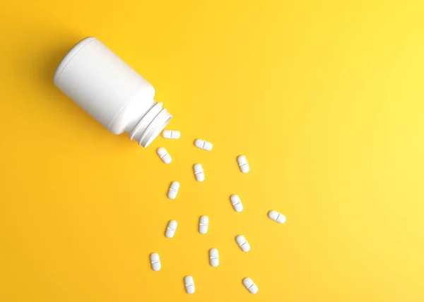 白色药丸和瓶子的黄色背景 药物或药物的概念 3D渲染说明 — 图库照片