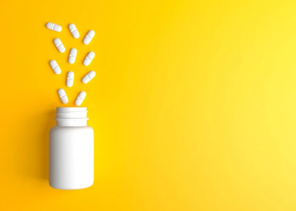 Pílulas Brancas Garrafa Fundo Amarelo Tratamento Médico Farmacêutico Conceito Medicação — Fotografia de Stock