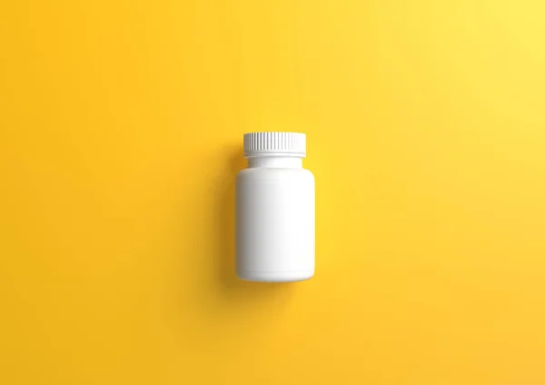 Garrafa Branca Para Pílulas Fundo Amarelo Ilustração Renderização — Fotografia de Stock