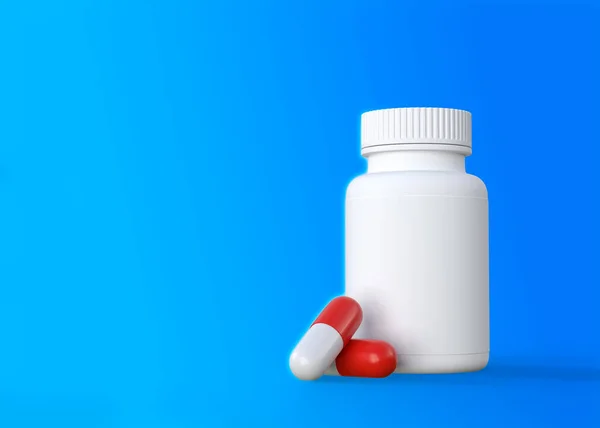 红白片 药瓶蓝色背景 药物或药物概念 3D渲染说明 — 图库照片