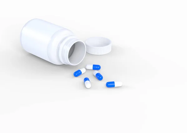 Pilules Dispersées Dans Une Bouteille Pharmacie Isolée Sur Fond Blanc — Photo