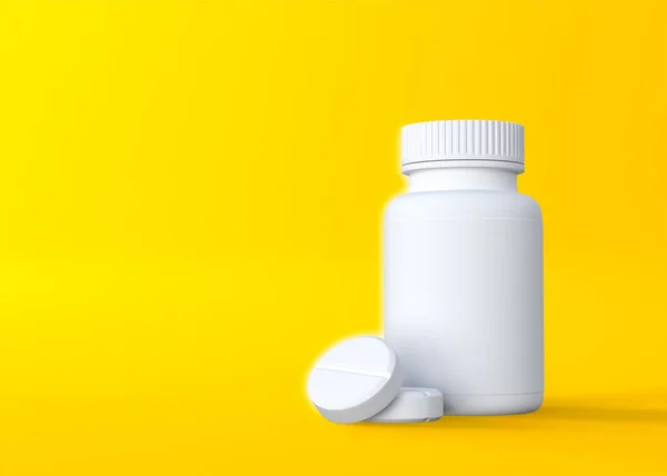 コピースペースと黄色の背景に丸薬ボトル 医学の概念 最小限の抽象概念 3Dレンダリング図 — ストック写真