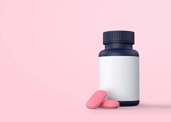 Pillen Pil Fles Roze Achtergrond Met Kopieerruimte Geneeskundige Concepten Minimalistisch — Stockfoto